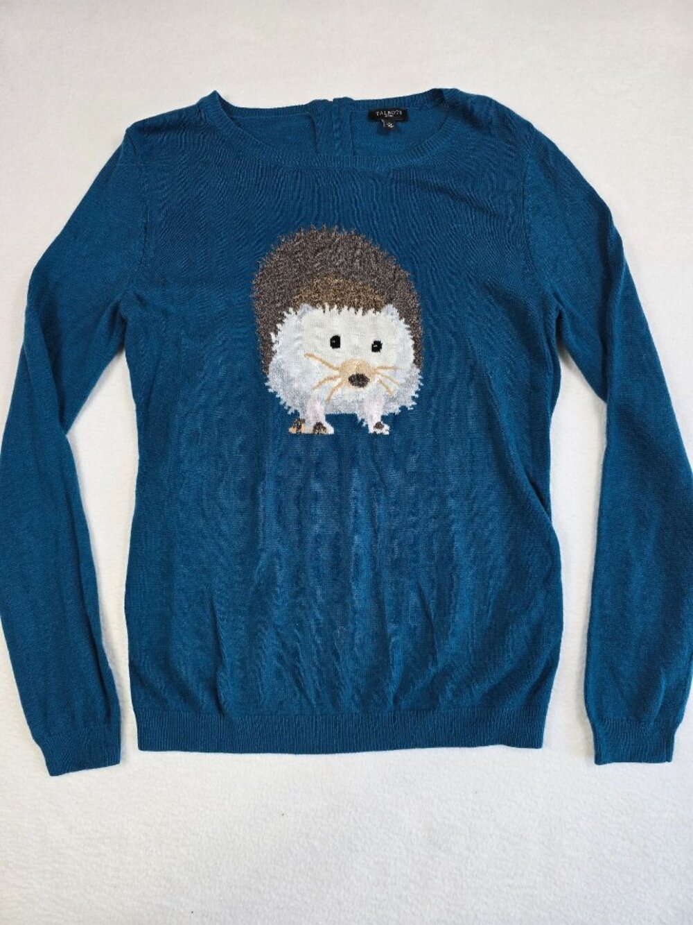 Talbots Petites Small PS Hedgehog Lightweight Kawaii Sweater Blue Wool Blend